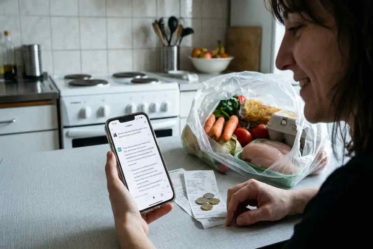 Donna contenta che consulta la IA su smartphone con la spesa e soldi davanti