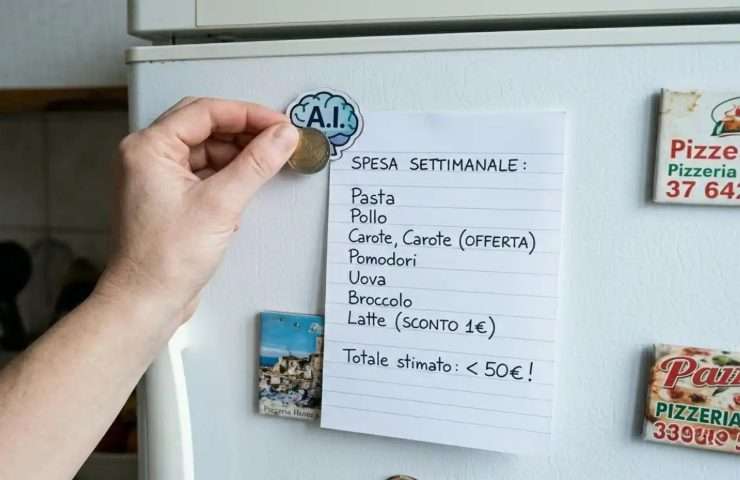 Lista della spesa attaccata con calamite su un frigorifero