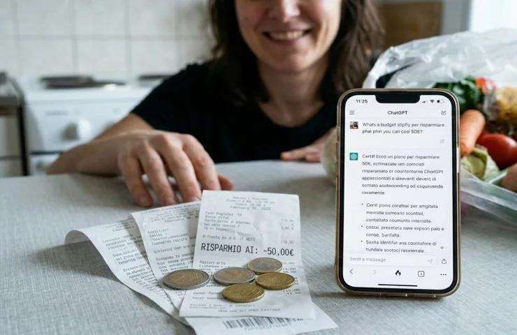Donna sorridente con soldi e scontrino e IA su smartphone