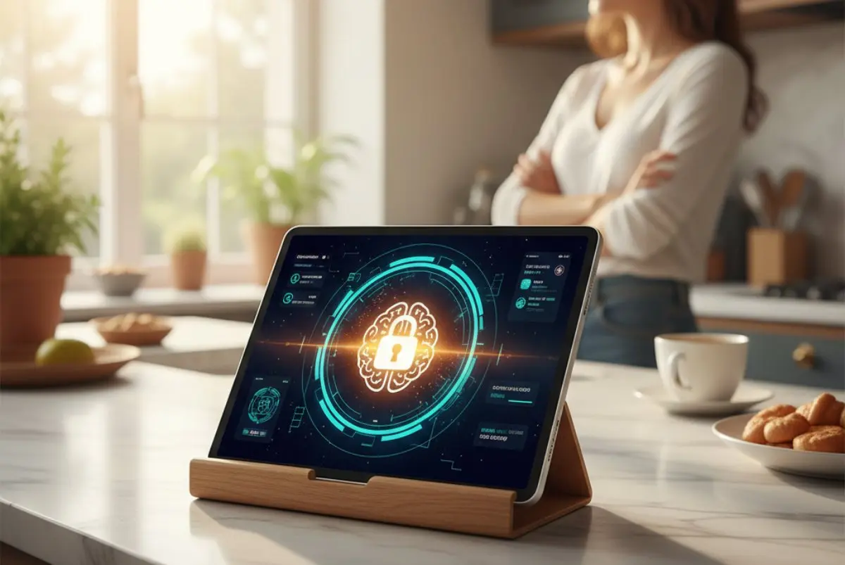 Tablet su supporto in legno in cucina che mostra un'interfaccia AI locale protetta con icona a forma di cervello e lucchetto