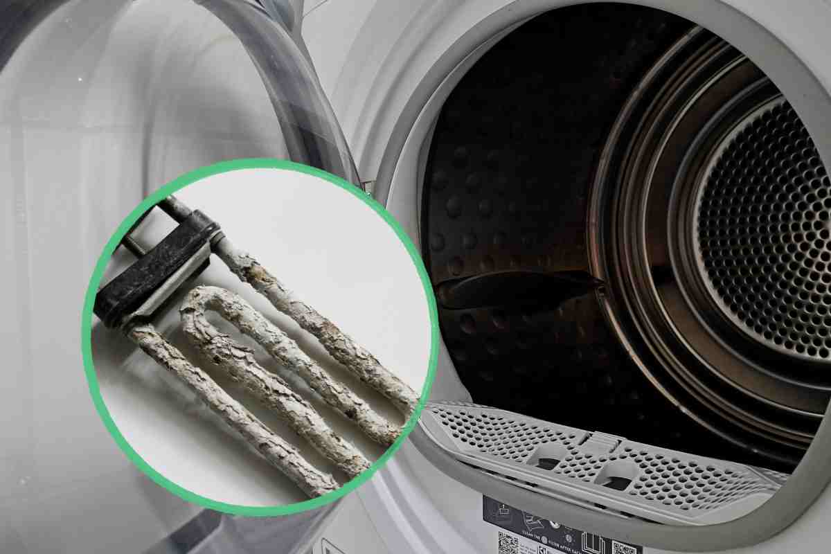 Cestello di una lavatrice ed una componente incrostata di calcare in piccolo