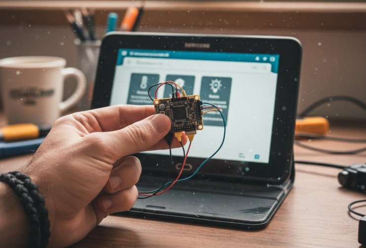 Dettaglio di un micro-processore collegato a un vecchio tablet per configurare un assistente AI domestico privato