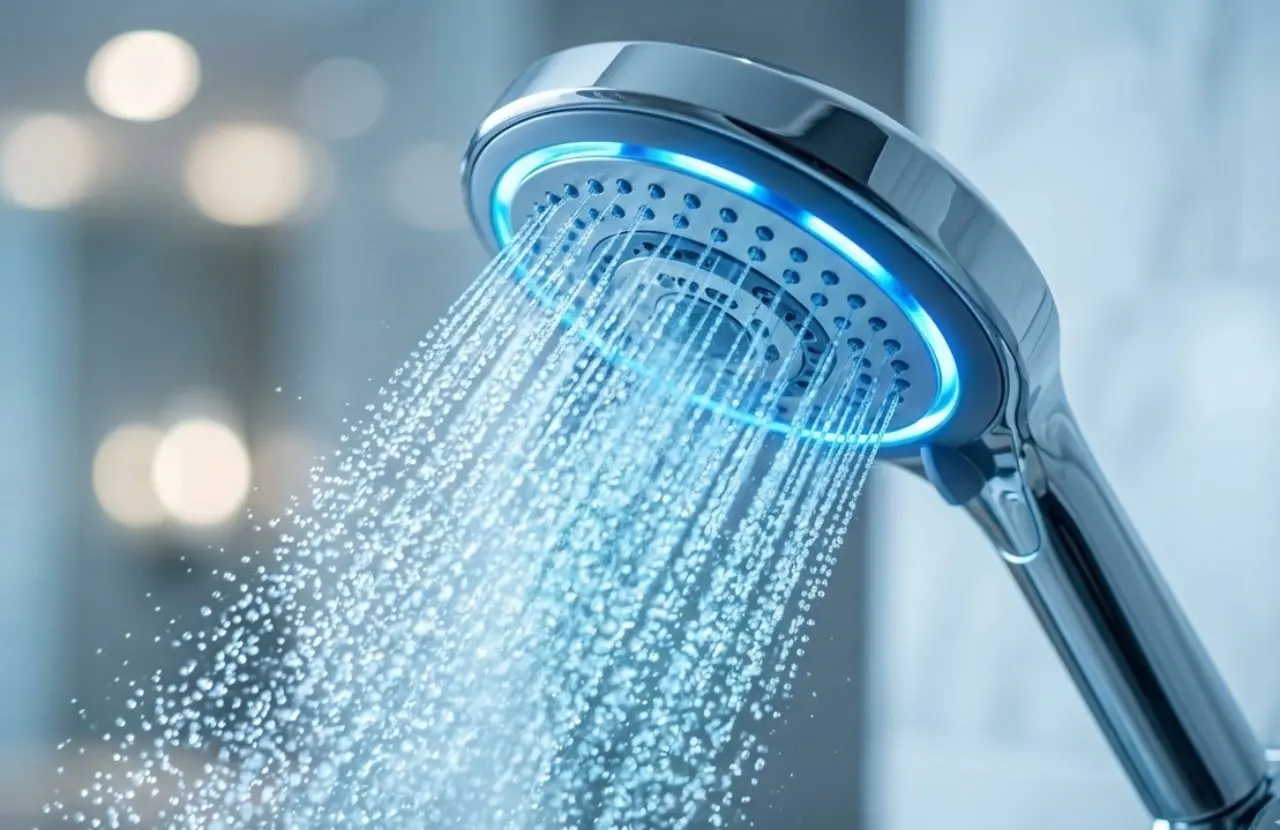 Mano che tiene un soffione moderno con nebulizzazione d'acqua blu ghiaccio illuminata da luci LED, su sfondo sfocato di un bagno moderno per doccia fredda biohacking 2026.