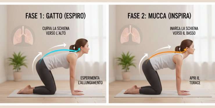 Infografica che mostra le due fasi dell'esercizio gatto-mucca per la schiena: fase 1 con schiena curva verso l'alto (espiro) e fase 2 con schiena inarcata verso il basso (inspiro)