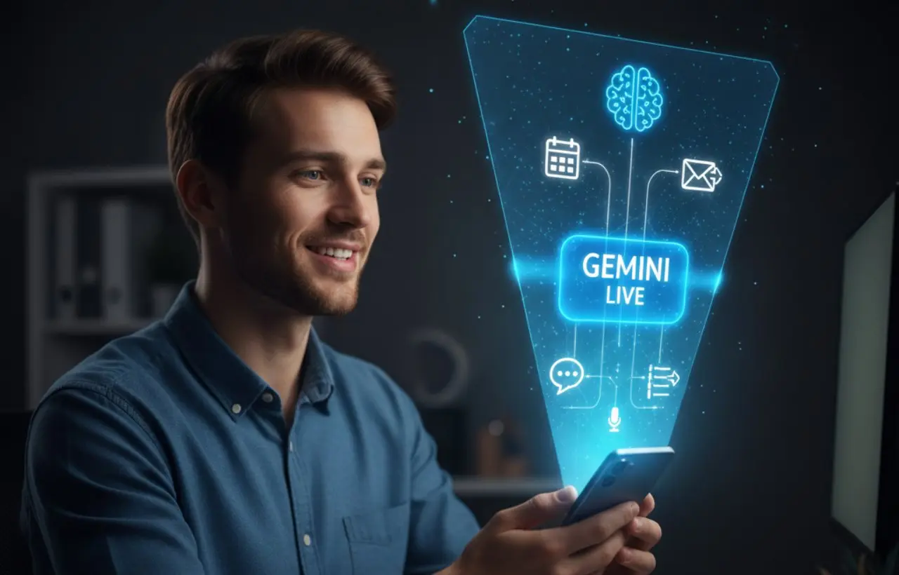 Uomo che utilizza Gemini Live su smartphone con interfaccia olografica per la gestione di email e calendario