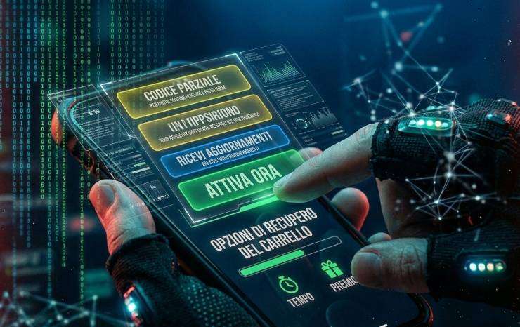 Primo piano del dito di un hacker dello shopping che tocca il pulsante "ATTIVA ORA" su un'interfaccia olografica di un e-commerce, con opzioni di recupero del carrello e codice sconto