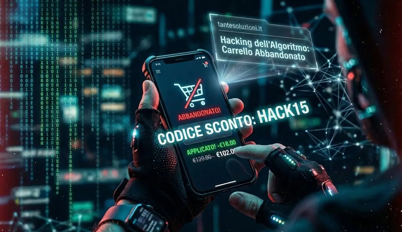 Mano di un hacker dello shopping con guanti tattici LED che tiene uno smartphone con un'interfaccia di un e-commerce e un codice sconto segreto su sfondo matrix
