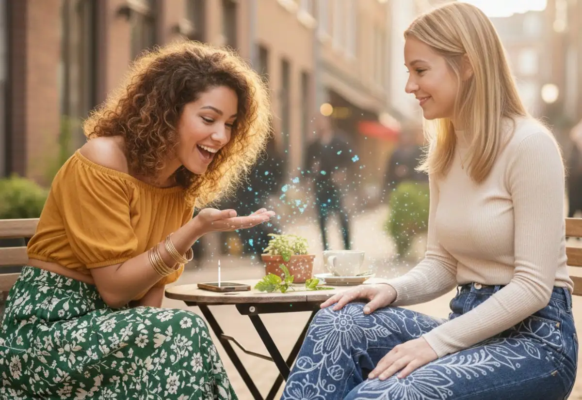 Due amiche al bar ammirano un paio di jeans personalizzati con disegni floreali boho-chic realizzati a mano