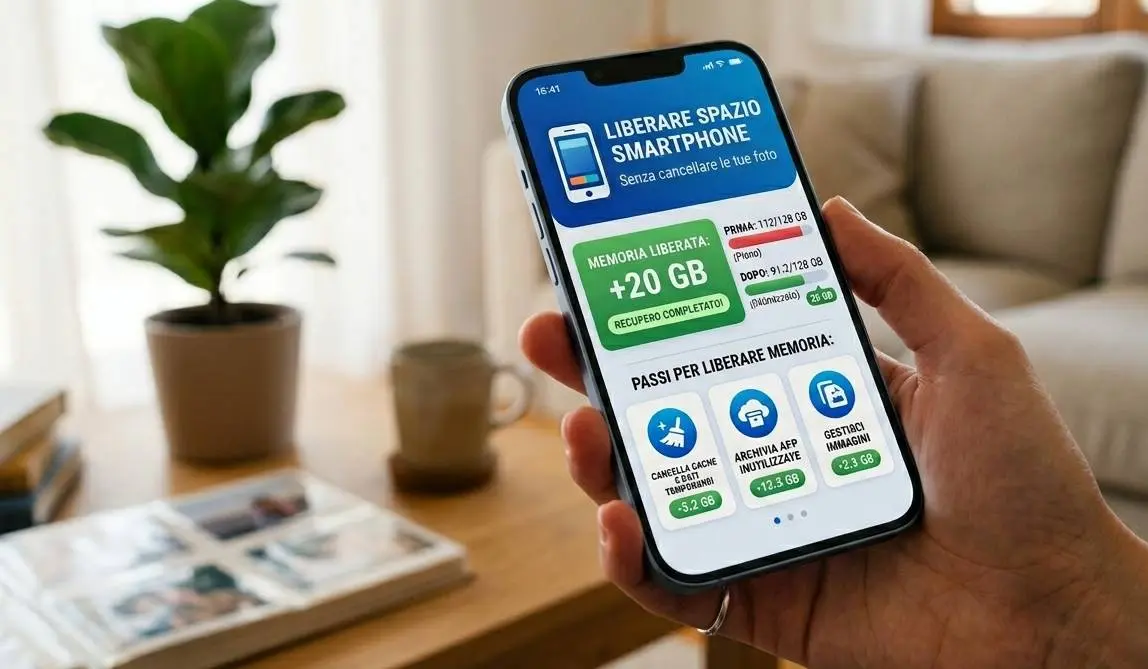 Infografica su smartphone che mostra come liberare 20GB di memoria eliminando cache e app inutilizzate senza cancellare le foto personali.