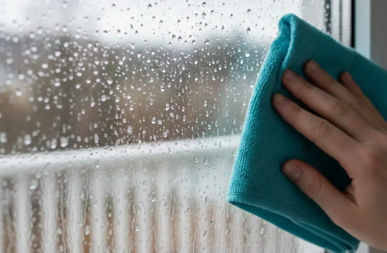 Mano che pulisce un vetro con effetto idrofobico e gocce di pioggia che scivolano via