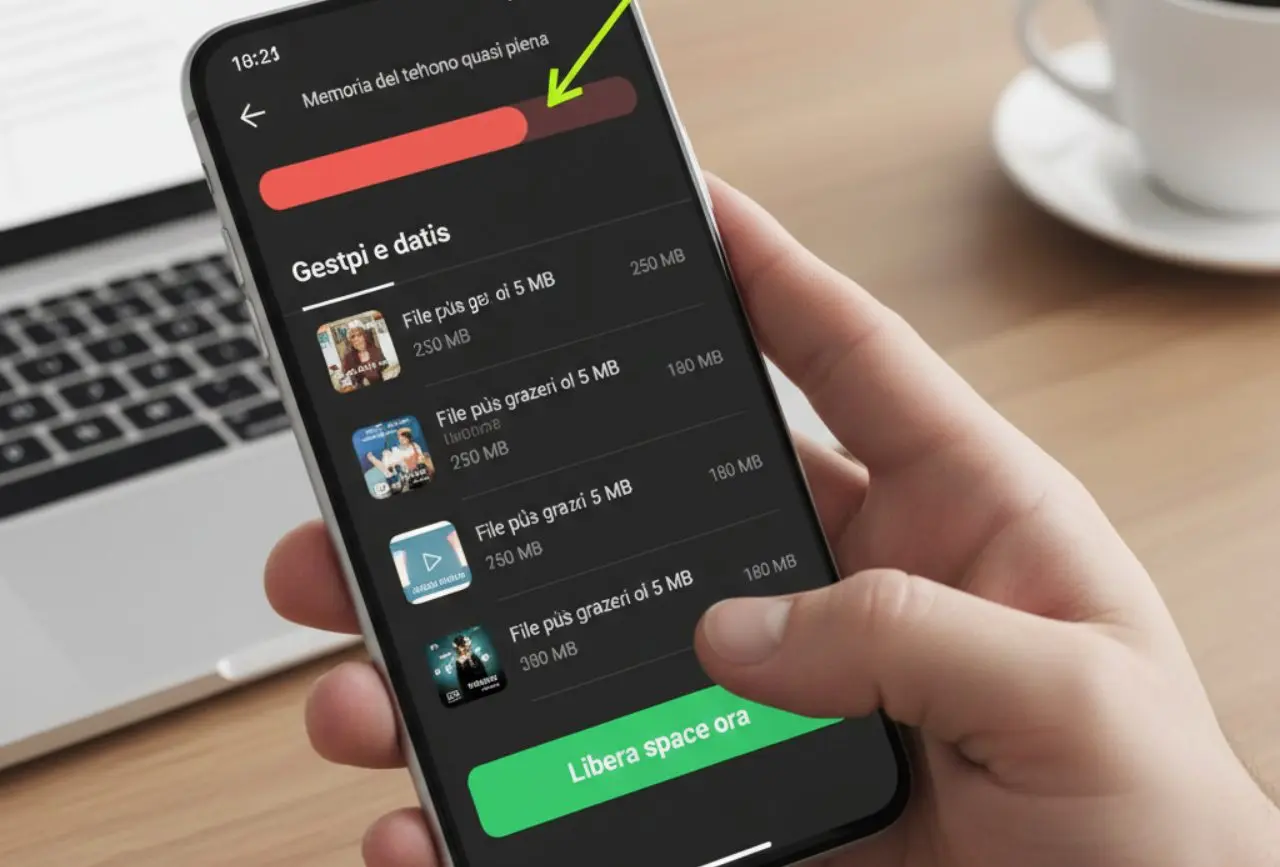 Schermata di gestione spazio archiviazione su uno smartphone che mostra file pesanti da eliminare per liberare memoria.