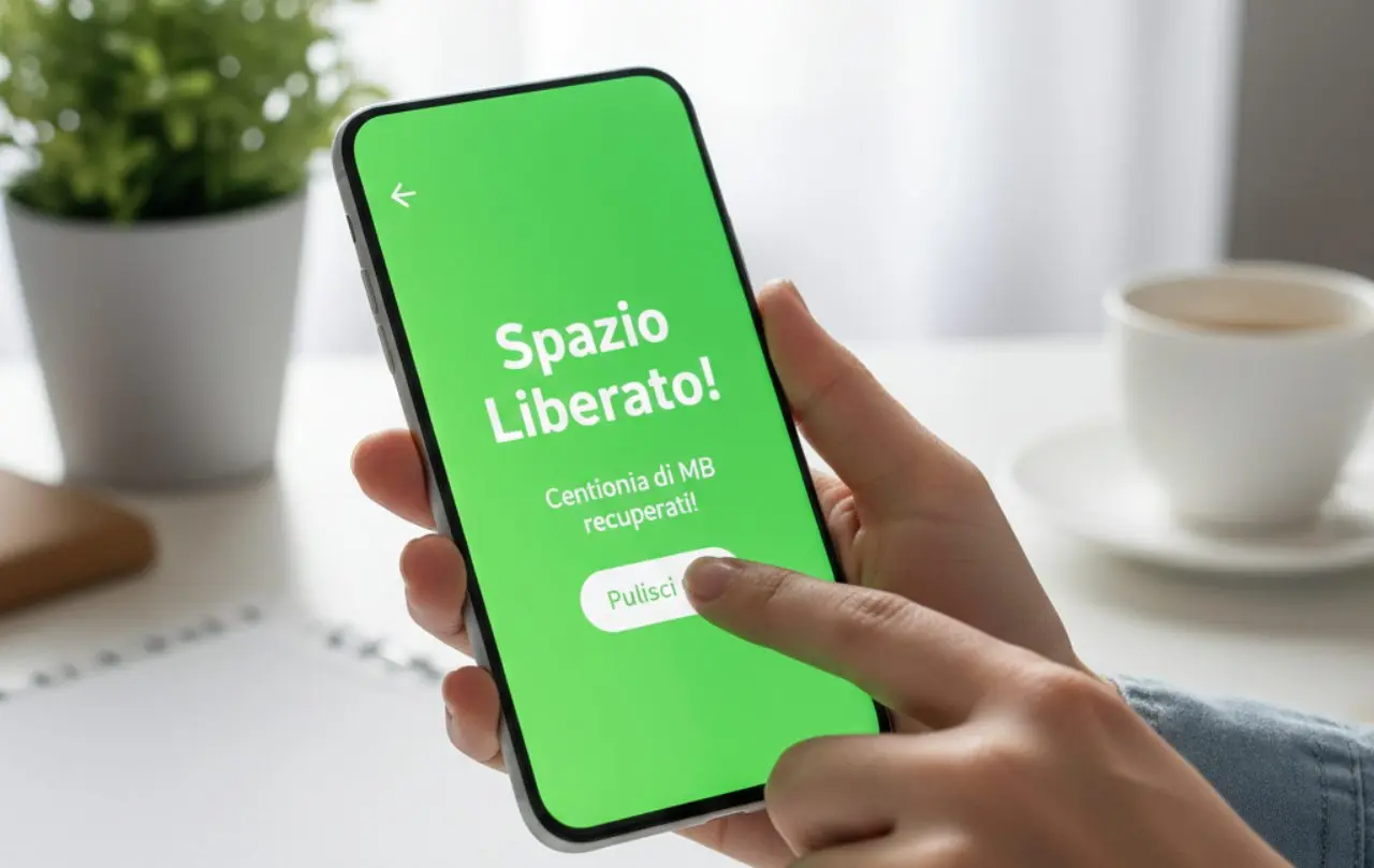 Mano che preme un pulsante su uno smartphone con schermo verde e la scritta Spazio Liberato, a indicare la risoluzione del problema della memoria piena