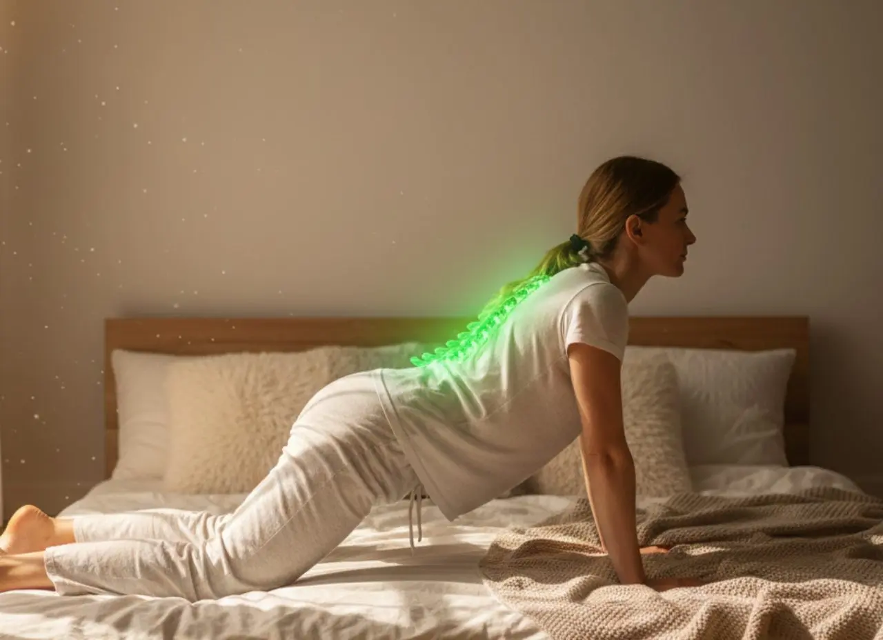 Persona che esegue un esercizio di stretching per la schiena a letto per sbloccare i dolori lombari