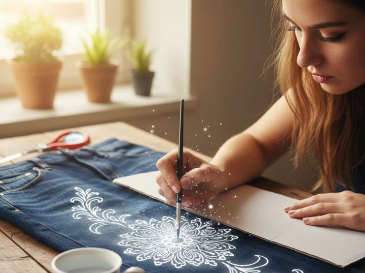 Primo piano di una ragazza che disegna motivi floreali su jeans con un pennellino da eyeliner e candeggina
