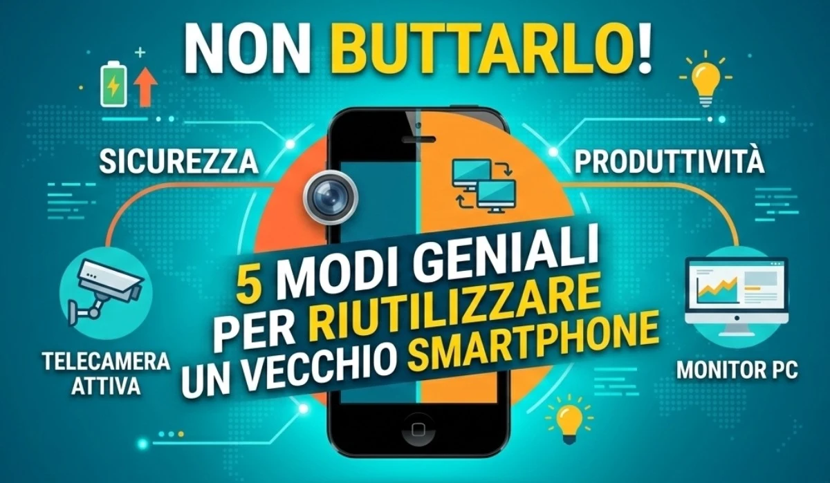 Infografica che illustra 5 modi per riutilizzare un vecchio smartphone: trasformazione in telecamera di sicurezza, monitor PC e dashboard domotica. Guida di TanteSoluzioni.