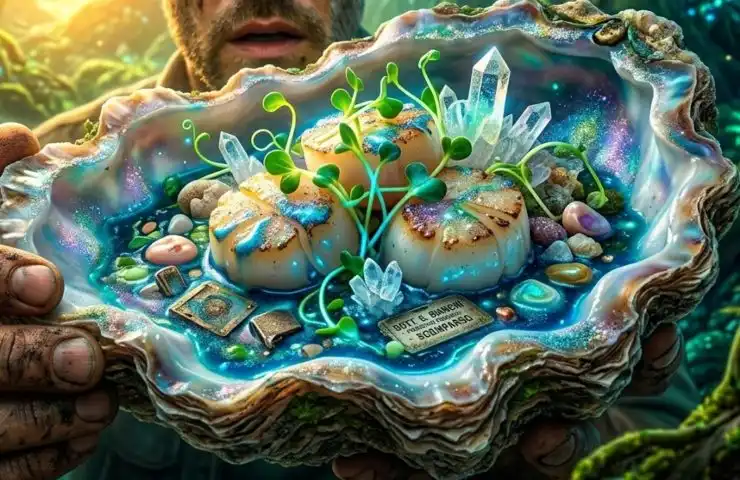 Primo piano di un uomo sporco che tiene in mano una conchiglia gigante contenente dei gamberi alla griglia e delle verdure in una foresta bioluminescente.
