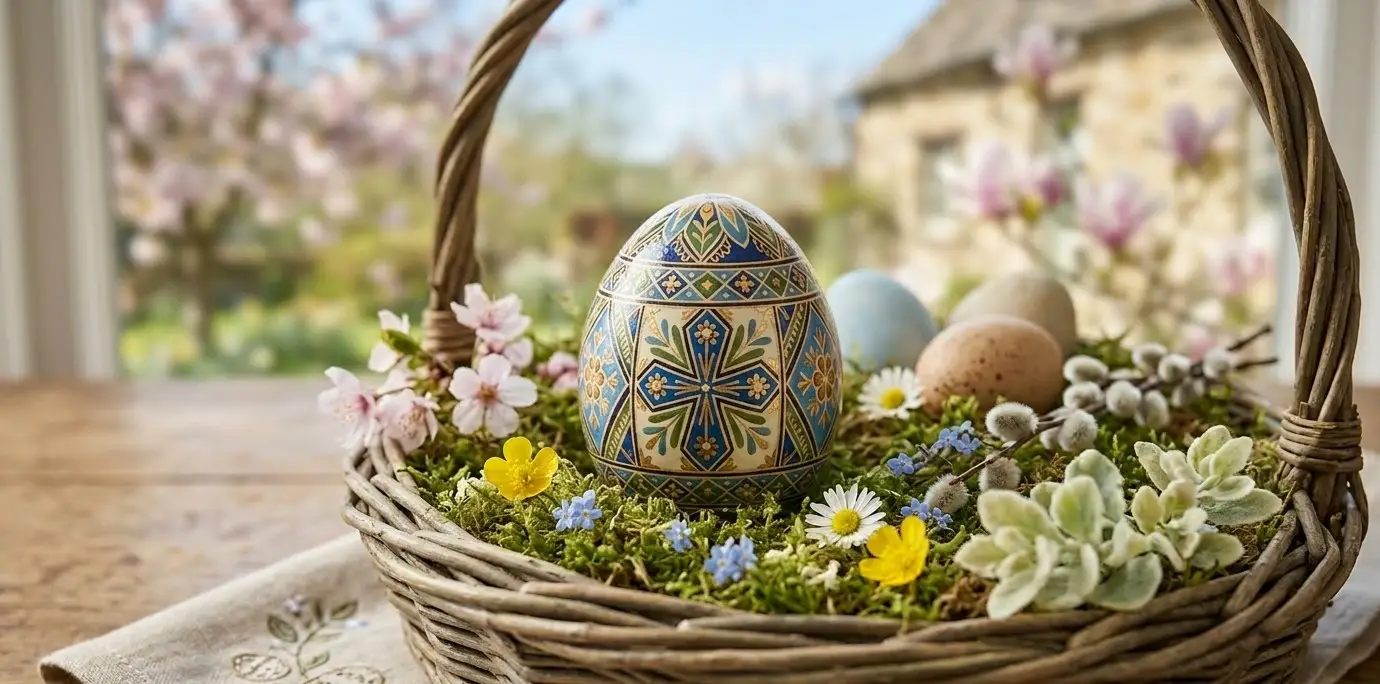 Uovo di Pasqua artigianale con decorazioni floreali in un cesto di vimini con fiori freschi e muschio, simbolo delle tradizioni pasquali 2026.