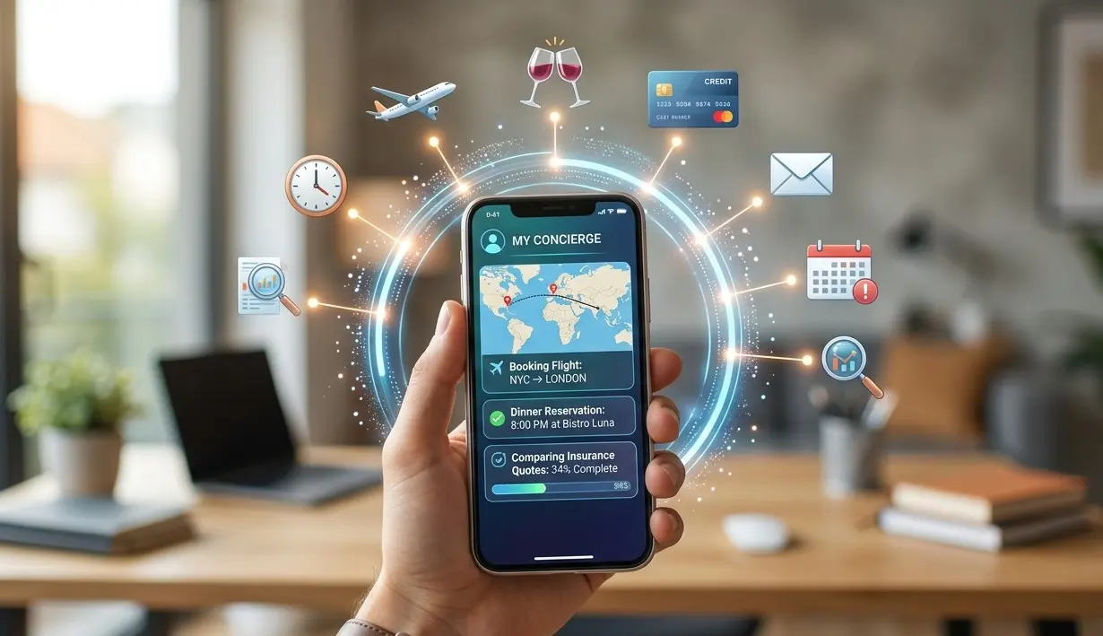 Interfaccia di un AI Agent su smartphone che automatizza la prenotazione di voli e ristoranti con icone digitali fluttuanti.