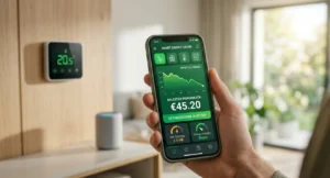 Persona che impugna uno smartphone con app di risparmio energetico predittivo che mostra 45 euro risparmiati in bolletta grazie all'intelligenza artificiale.