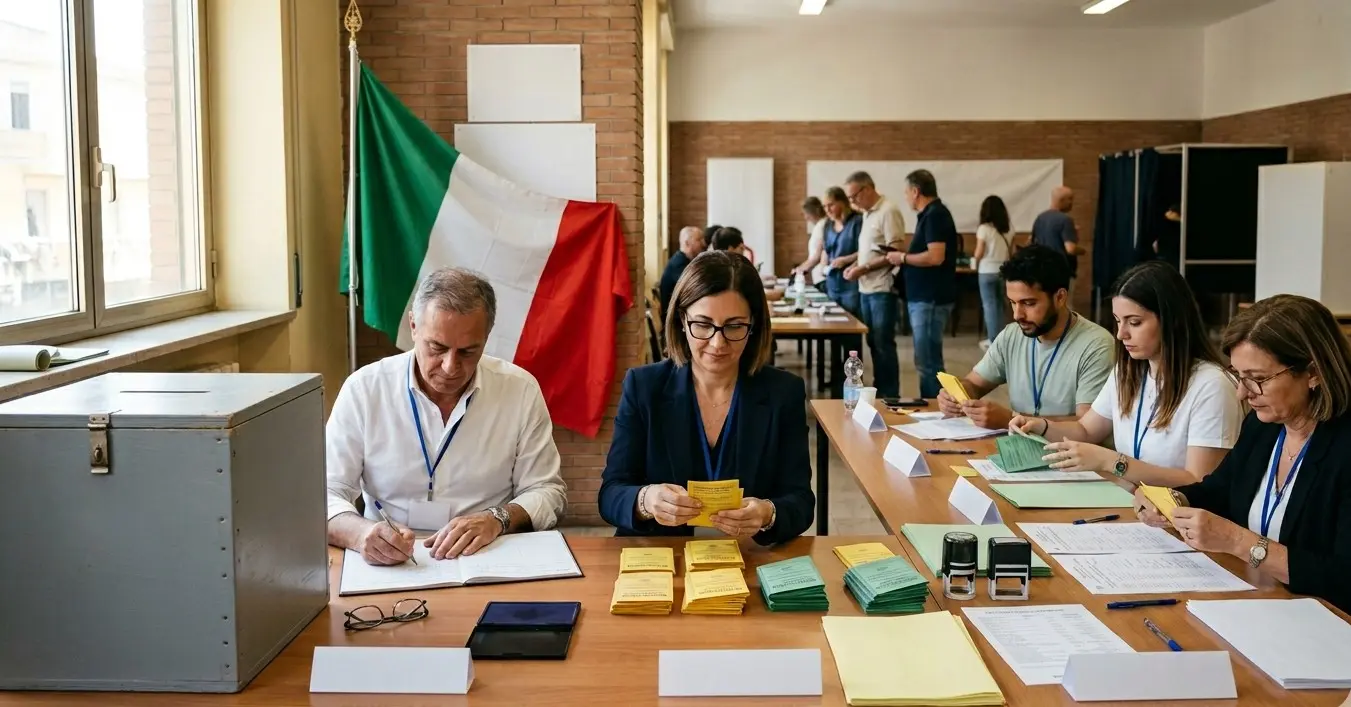 Componenti di un seggio elettorale italiano al lavoro durante il referendum con schede gialle e verdi e bandiera italiana sullo sfondo.