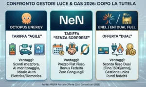Infografica comparativa per Google Discover 2026 che confronta i gestori luce e gas Octopus Energy (tariffa Agile), NeN (tariffa senza sorprese) ed Enel/Eni (offerta Dual) dopo la fine del mercato tutelato, con icone per AI, monitoraggio e risparmio energetico.