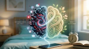 Infografica concettuale di un cervello diviso a metà: lato sinistro con sovraccarico digitale e icone social (caos), lato destro con reset della dopamina e pattern naturali (calma). alt="Differenza tra cervello stressato da smartphone e cervello rigenerato dal micro-reset.