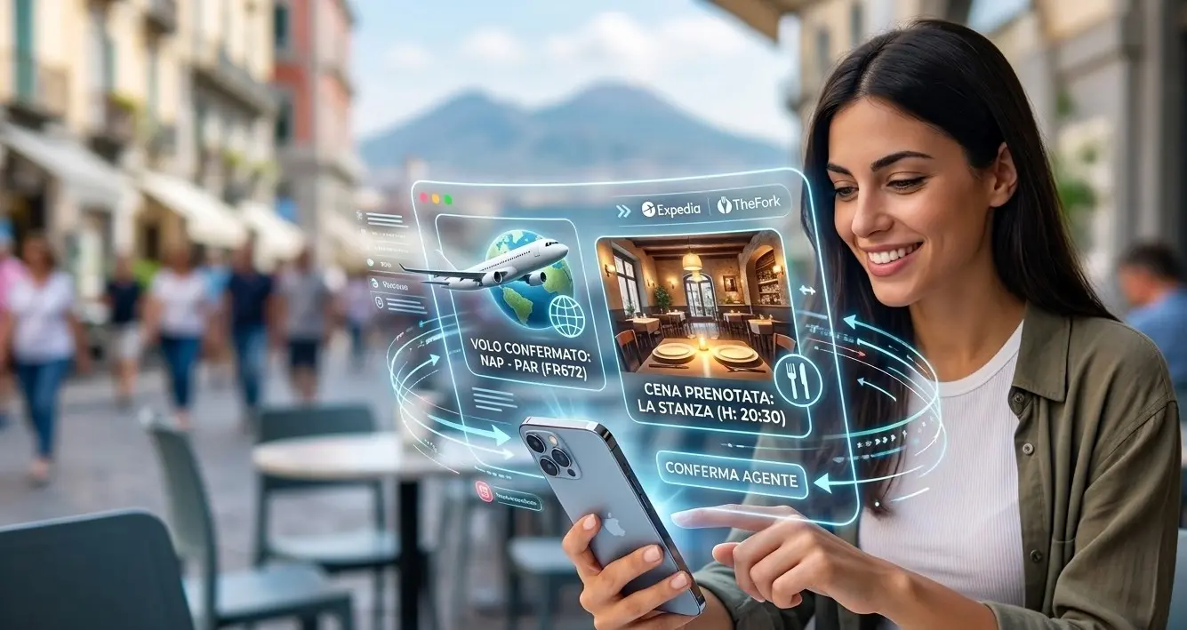 Donna che usa un assistente AI su smartphone per prenotare automaticamente un volo Napoli-Parigi e un tavolo al ristorante - Interfaccia futuristica 2026.