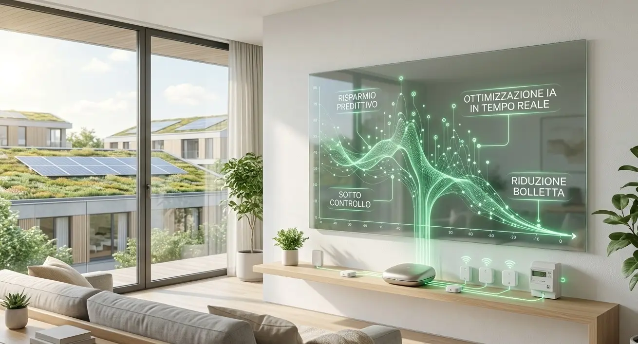 Interfaccia olografica in un soggiorno moderno che mostra grafici di risparmio predittivo e ottimizzazione energetica tramite intelligenza artificiale.