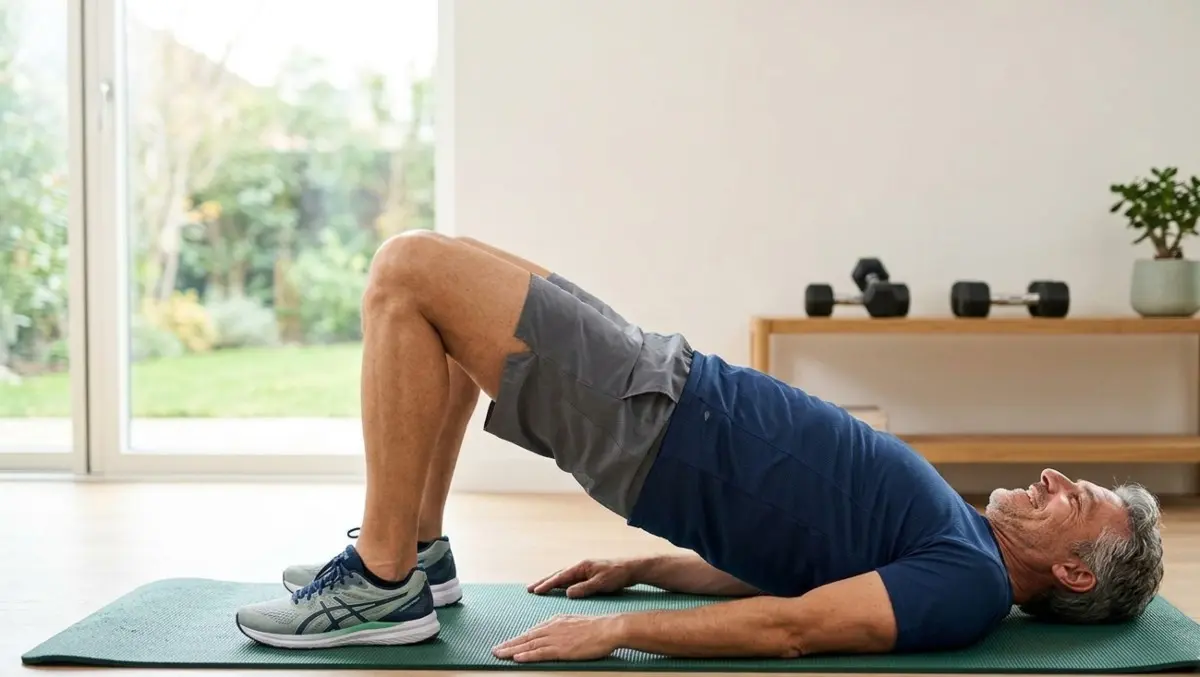 Uomo over 50 esegue l'esercizio del ponte per i glutei su un tappetino per la forza muscolare e la longevità.