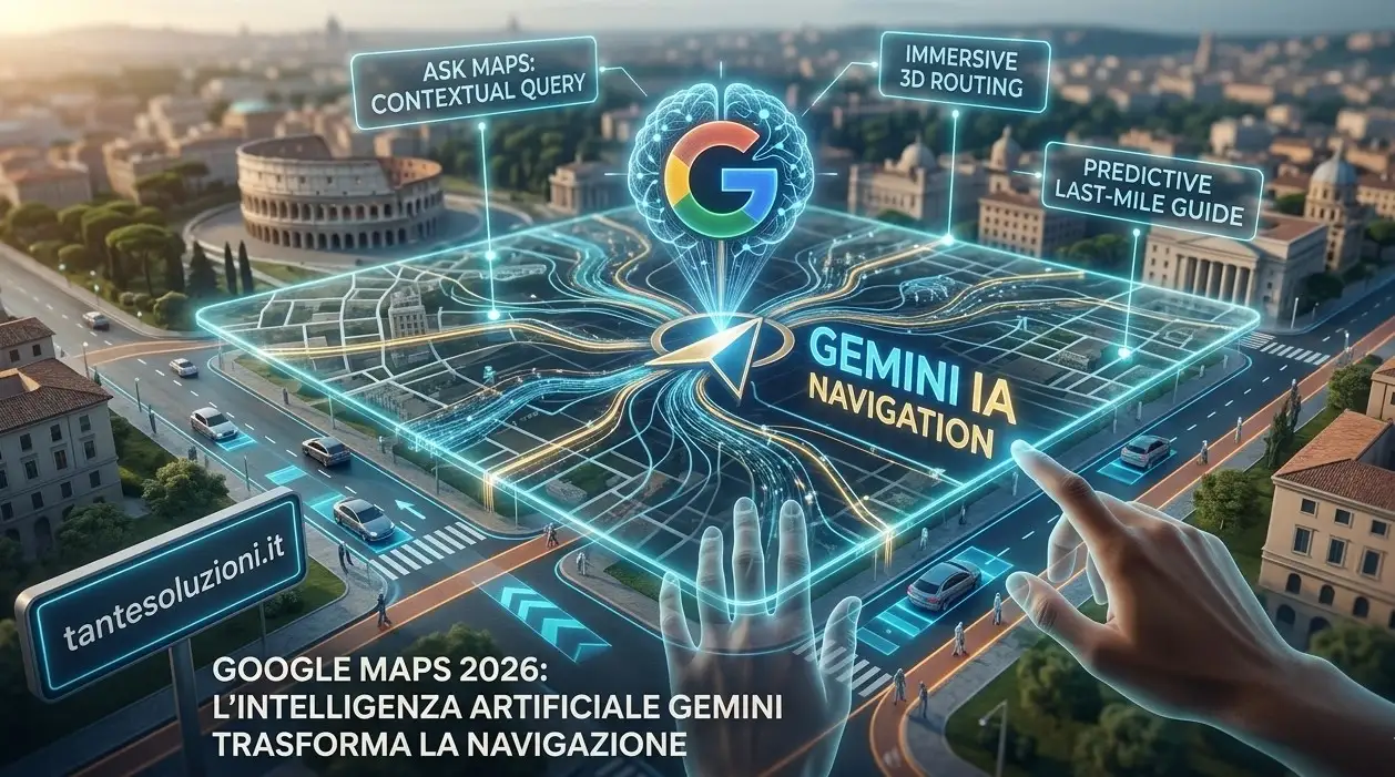 Infografica futuristica di Google Maps 2026 con integrazione IA Gemini, navigazione predittiva e interfaccia olografica su una città italiana.