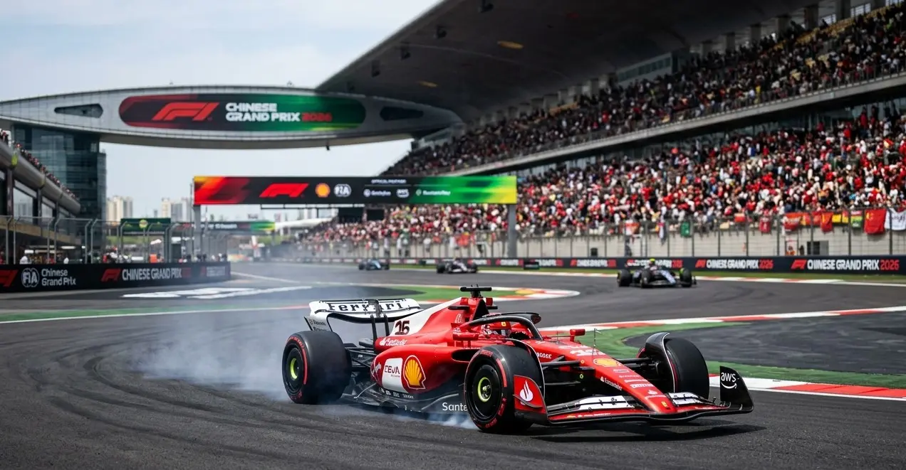 Monoposto Ferrari in azione sul circuito di Shanghai durante il GP della Cina 2026