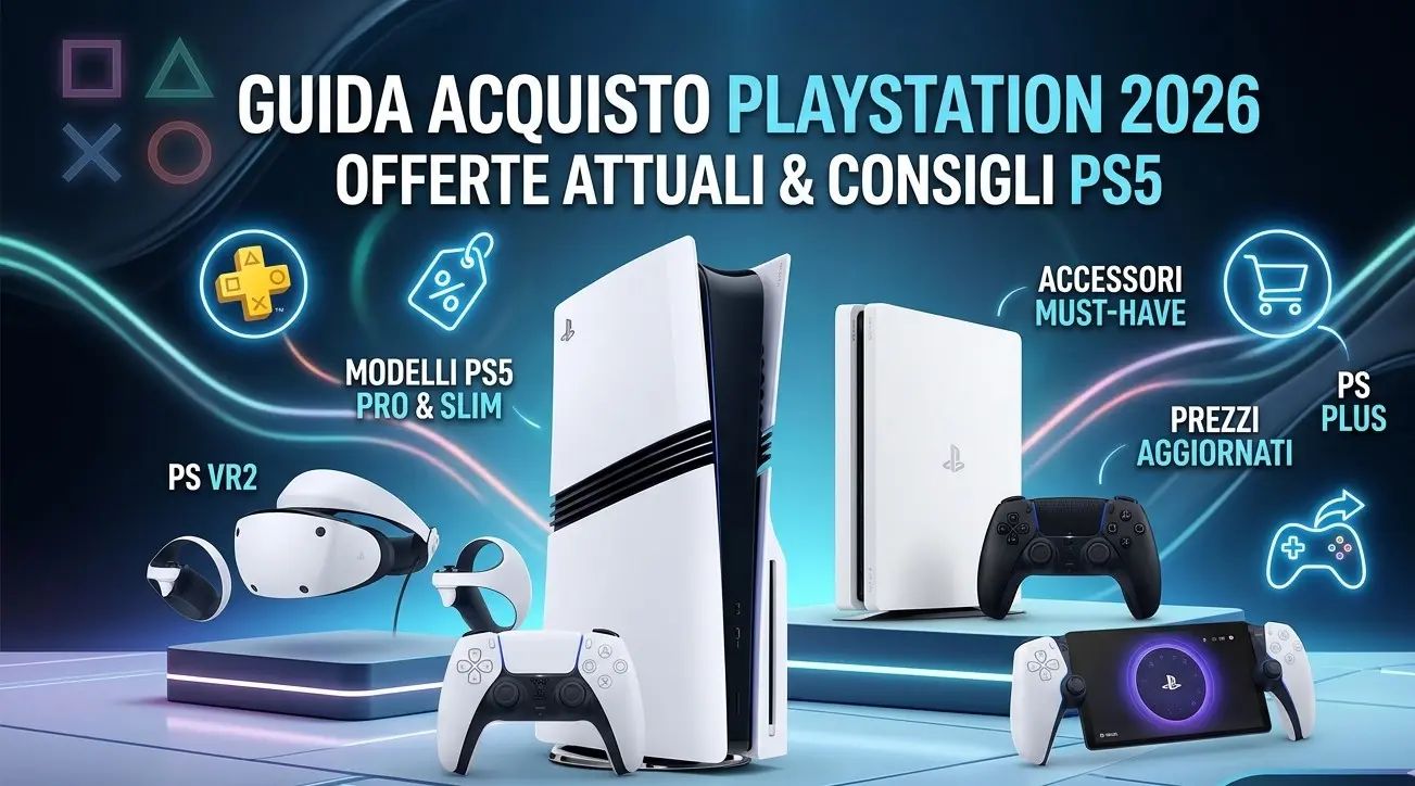 Panoramica prodotti PlayStation 2026 con PS5 Pro, PS5 Slim, visore VR2 e controller DualSense per guida all'acquisto tantesoluzioni.it.