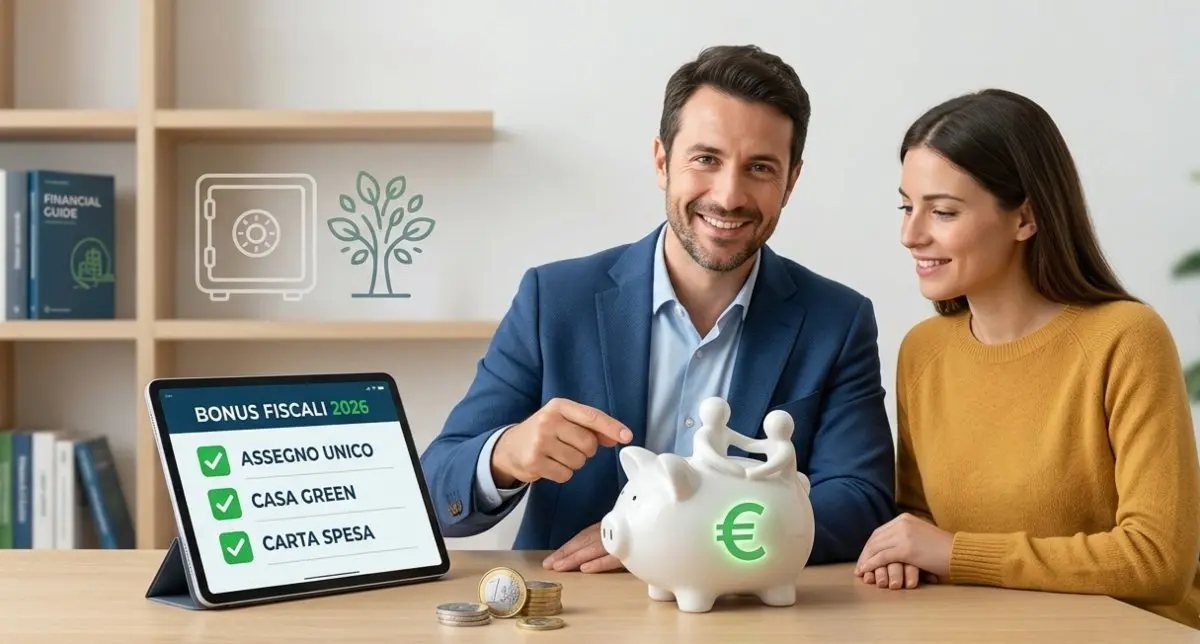 Illustrazione concettuale per Google Discover 2026: un padre e una madre sorridenti consultano un tablet che mostra i Bonus Fiscali (Assegno Unico, Casa Green, Carta Spesa) e interagiscono con un salvadanaio a forma di famiglia, simboleggiando il risparmio e la sicurezza finanziaria.