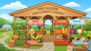 Infografica stagionale che mostra la frutta e verdura di stagione suddivisa per primavera, estate, autunno e inverno.