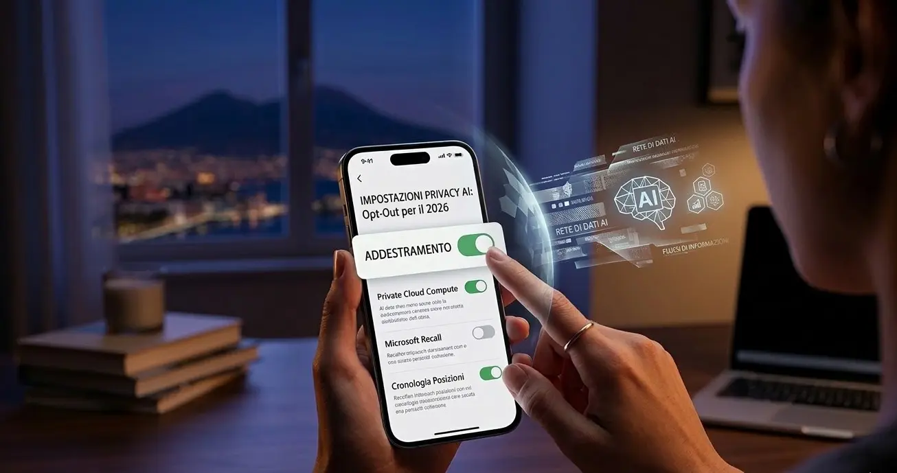 Schermata smartphone con impostazioni di privacy AI per disattivare l'addestramento dei dati e l'opt-out nel 2026.