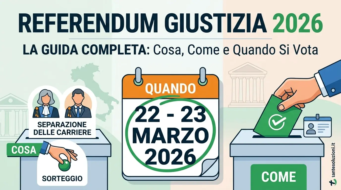 Infografica riassuntiva del Referendum Giustizia 22-23 marzo 2026 con dettagli su separazione delle carriere e modalità di voto.
