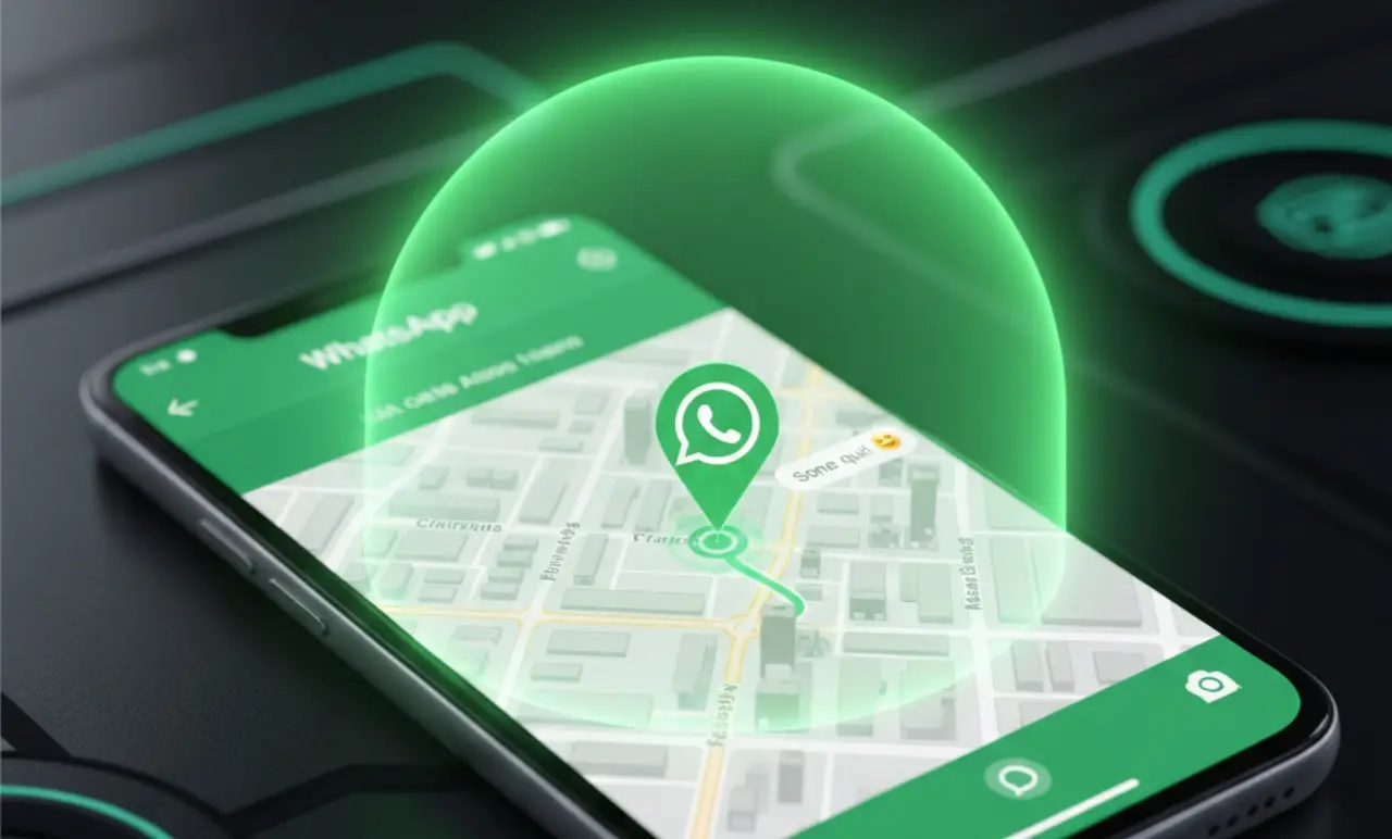 Smartphone con app WhatsApp aperta sulla mappa che mostra la posizione in tempo reale con scudo di protezione verde.
