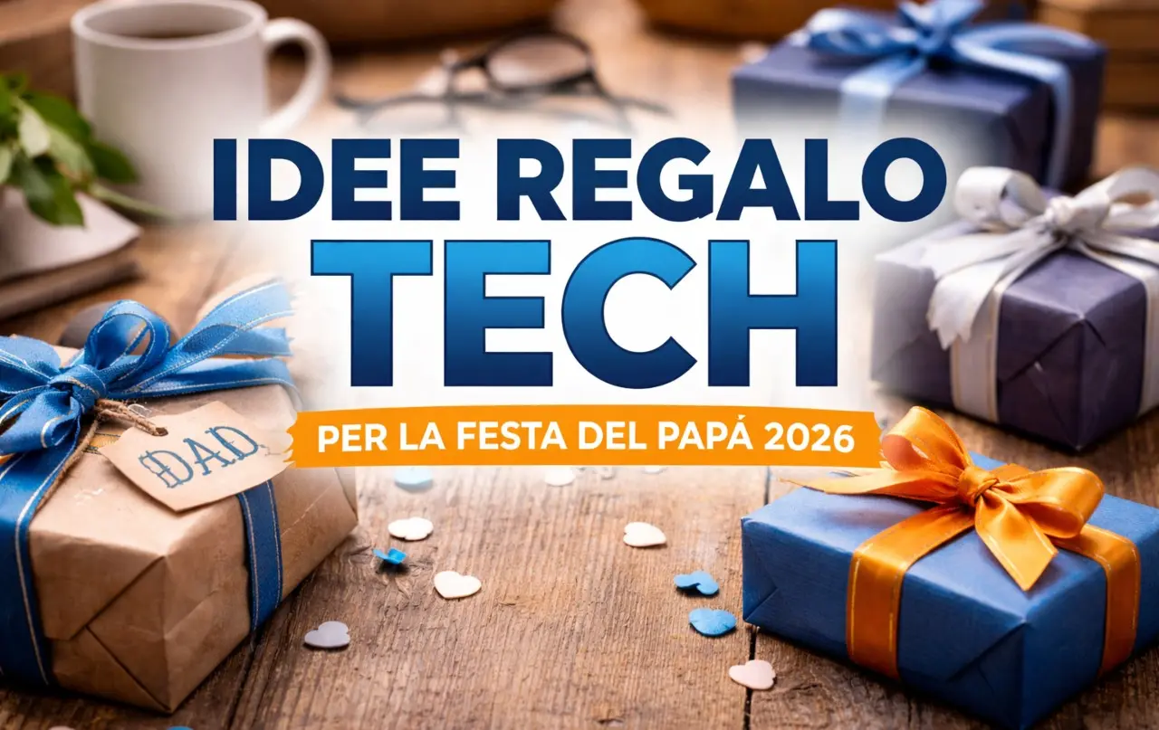 Scritta Idee Regalo Tech per la Festa del Papà 2026 su sfondo con pacchetti regalo blu e marroni su un tavolo in legno.