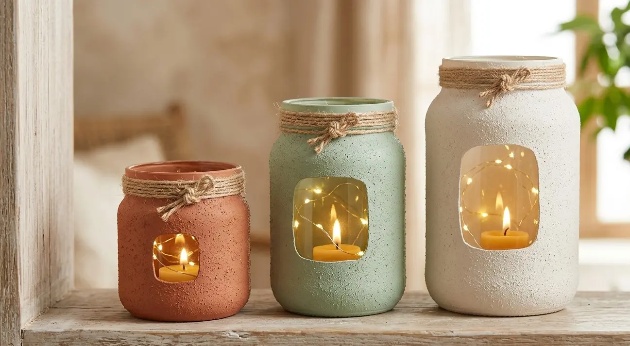Tre lanterne realizzate con il riciclo creativo di barattoli di vetro, dipinte con texture materica nei colori terracotta, verde salvia e bianco panna, con candele accese all'interno.