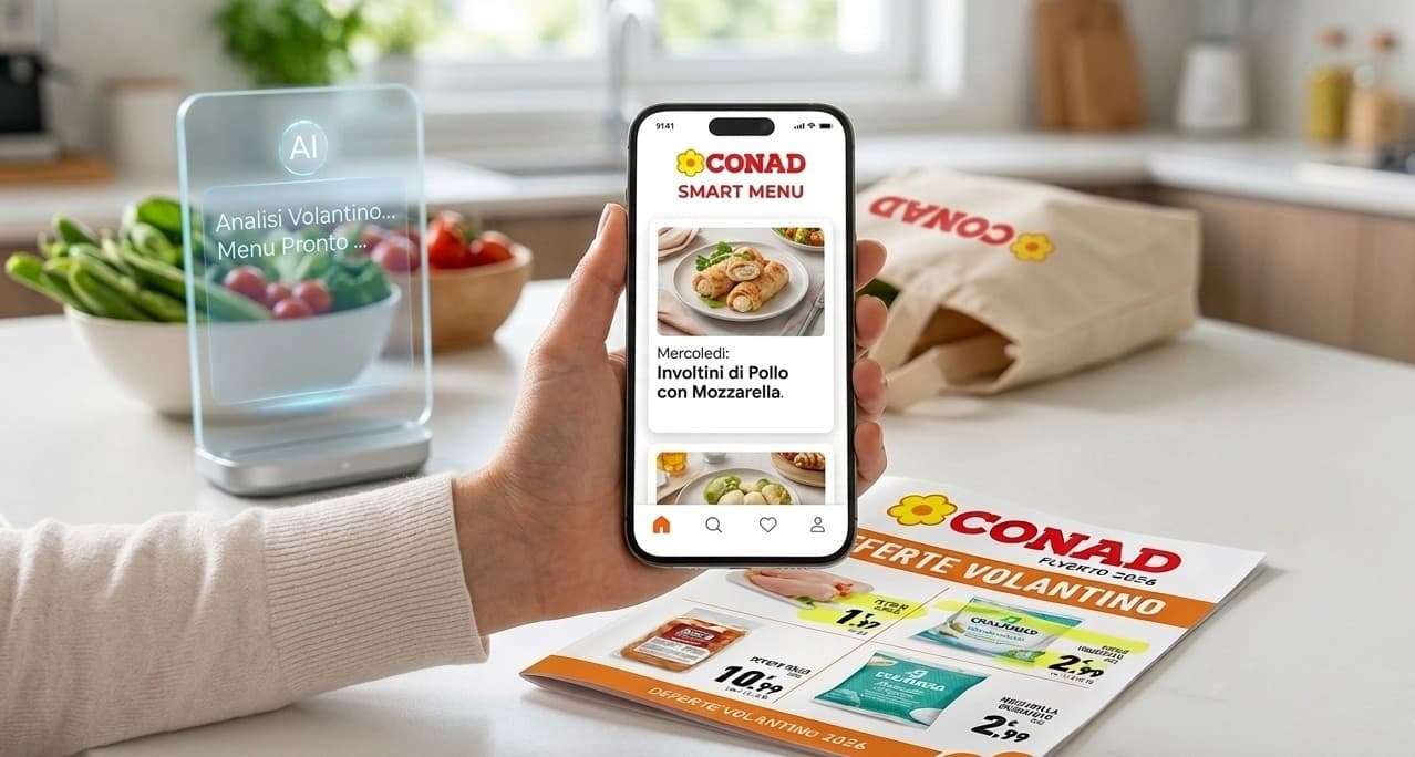 Smartphone con app Conad Smart Menu che mostra una ricetta di involtini di pollo, accanto a un volantino Conad 2026 e un display AI che analizza le offerte.
