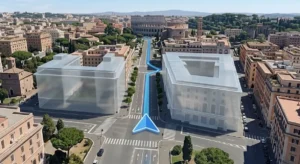 Interfaccia 3D di Google Maps 2026 con navigazione immersiva, edifici trasparenti e percorso evidenziato a Roma