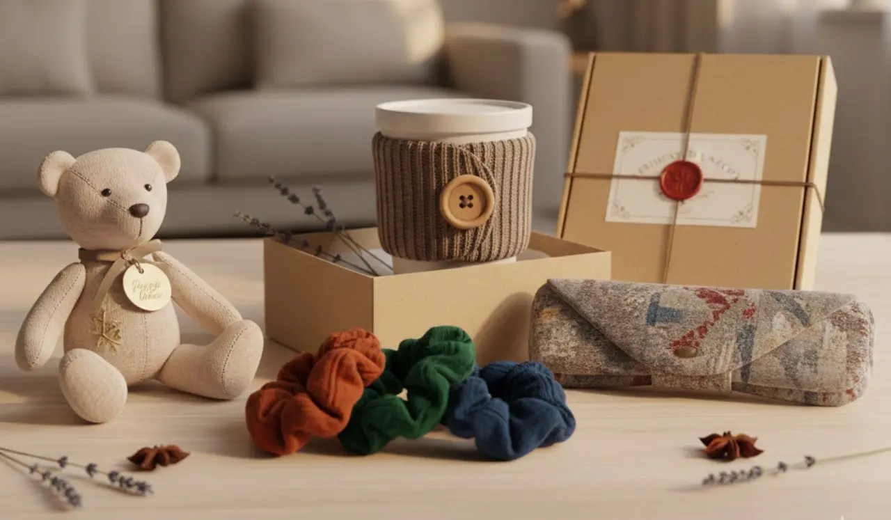 Collezione di oggetti di design realizzati con riciclo creativo di calzini: orsetto artigianale, copri-tazza a coste, scrunchies e custodia occhiali in stile lusso sostenibile 2026.