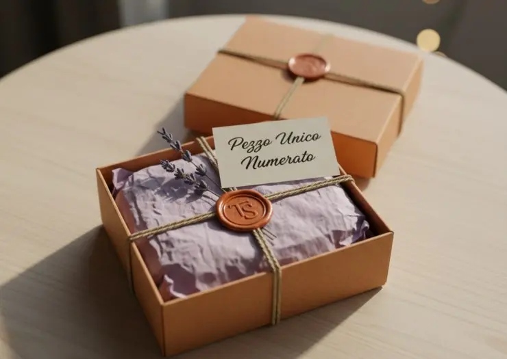Esempio di packaging di lusso per oggetti di design fatti a mano con riciclo creativo di calzini, scatola con ceralacca e certificato di unicità.