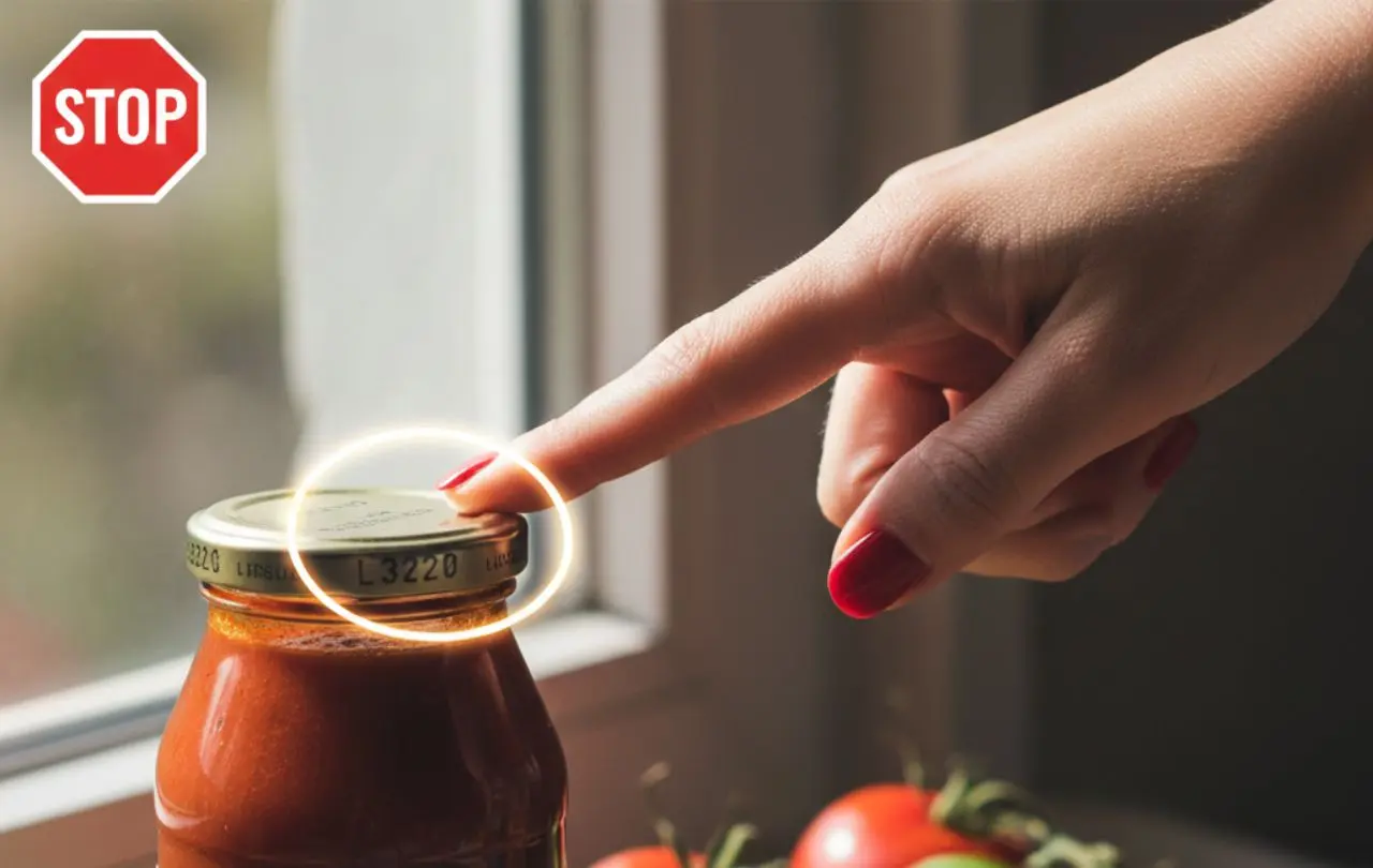Mano che indica il codice segreto L3220 sul tappo di una passata di pomodoro per riconoscere prodotti vecchi al supermercato e risparmiare sulla spesa.