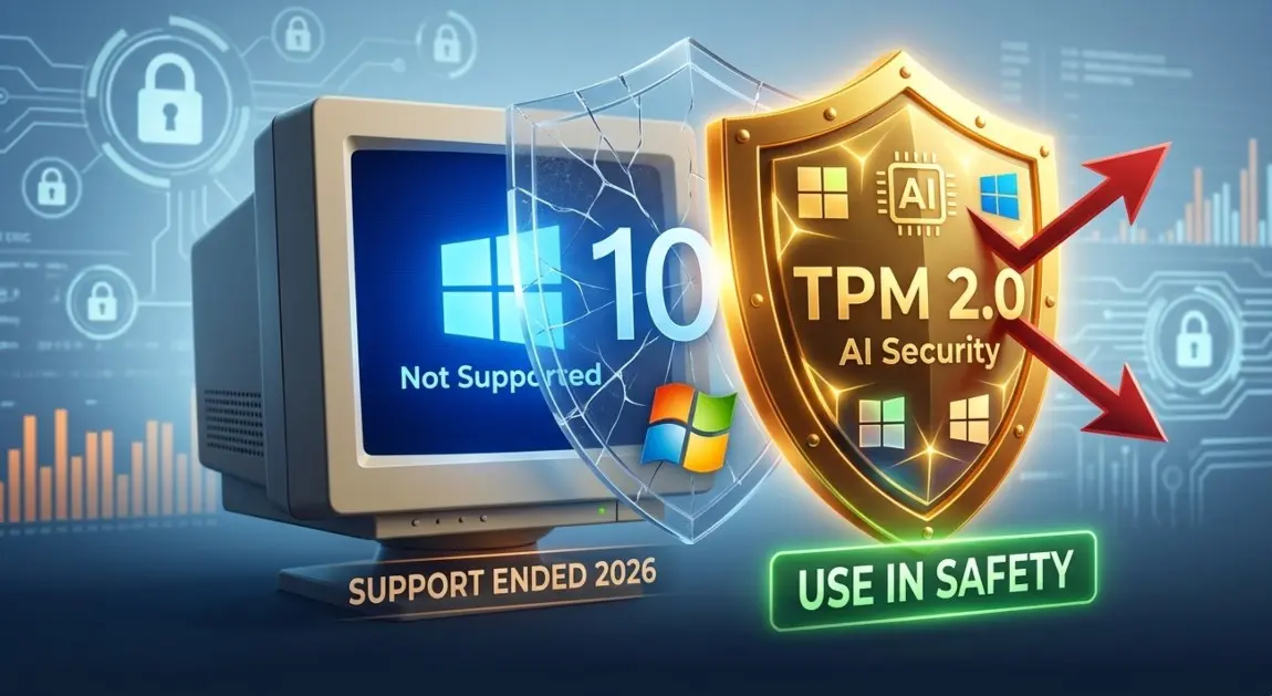 Illustrazione concettuale per Google Discover 2026: un vecchio PC con logo Windows 10 bloccato, protetto da uno scudo d'oro e blu con simbolo TPM 2.0 e AI Security, per usare in sicurezza Windows 11 o Windows 12 su hardware non compatibile.