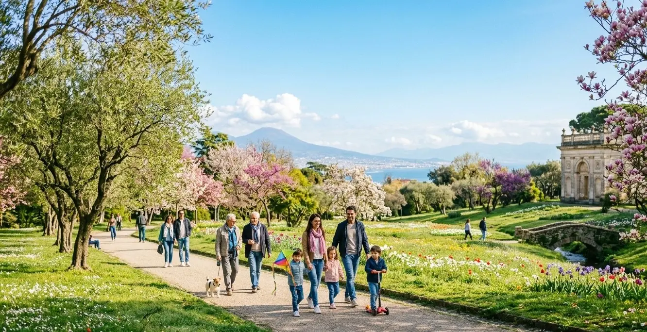 Gruppo di persone e famiglie che passeggiano in un parco fiorito durante una soleggiata giornata di primavera.
