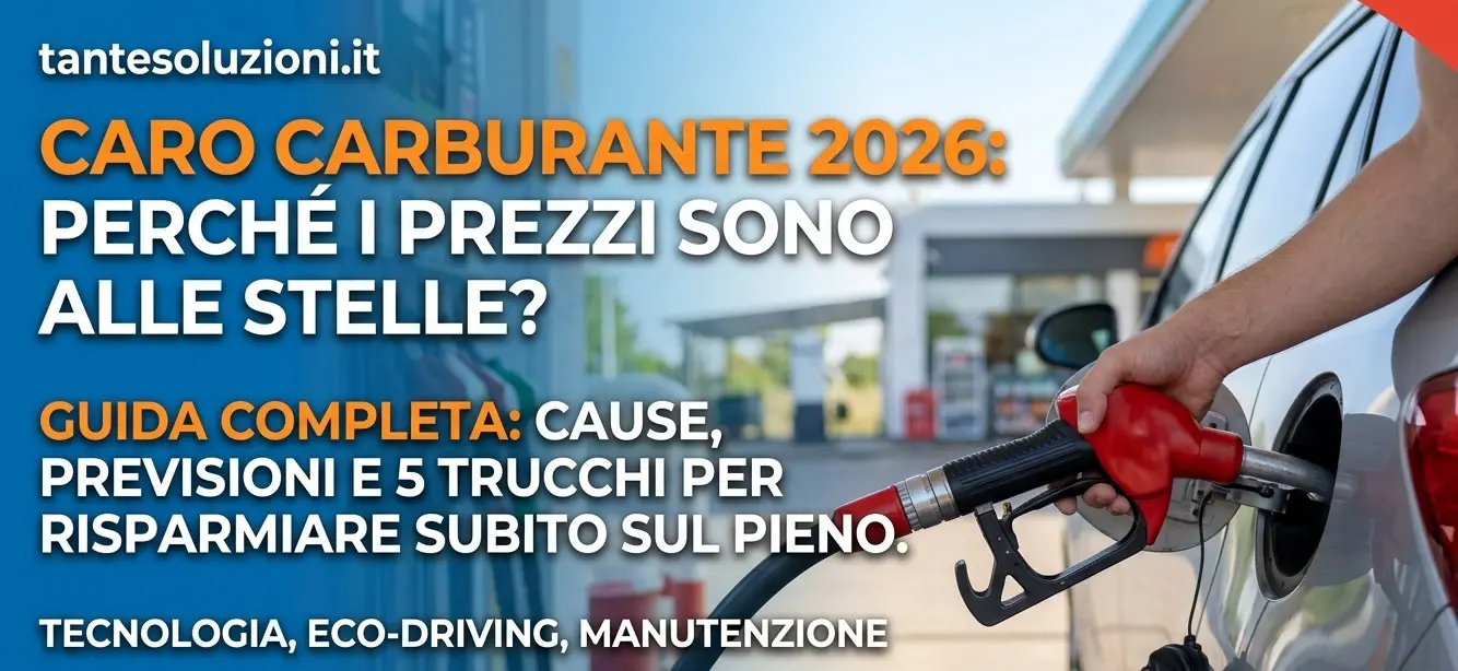 Infografica su come risparmiare sul carburante nel 2026 con un uomo che fa rifornimento di benzina presso un distributore.