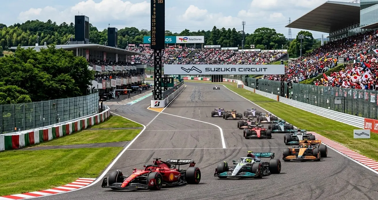 Griglia di partenza del GP di Formula 1 2026 a Suzuka con la Ferrari di Leclerc e la Mercedes di Russell in primo piano durante il Gran Premio del Giappone.