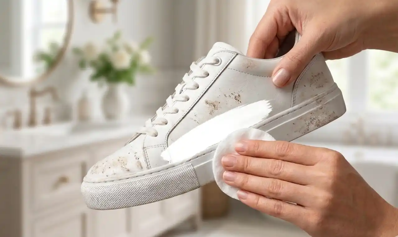 Mano che tiene una sneaker bianca sporca mentre un'altra mano passa un dischetto di cotone imbevuto lasciando una scia di pulito perfetto.