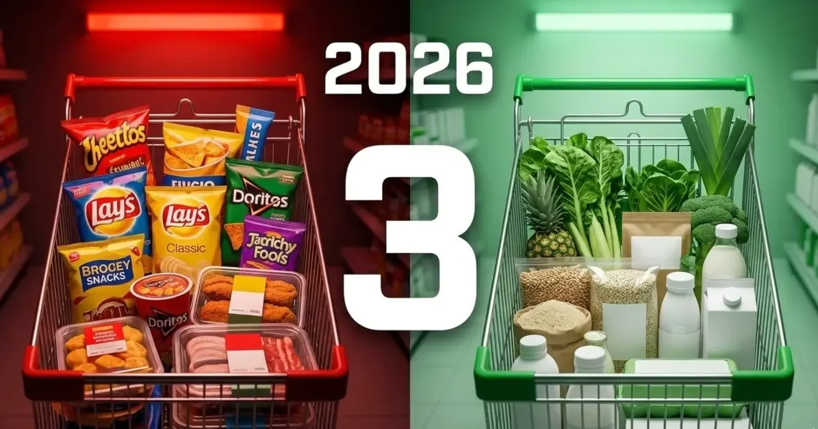 Confronto tra carrello della spesa costoso con prodotti di marca e carrello economico con verdure e prodotti essenziali, con il numero 3 al centro.